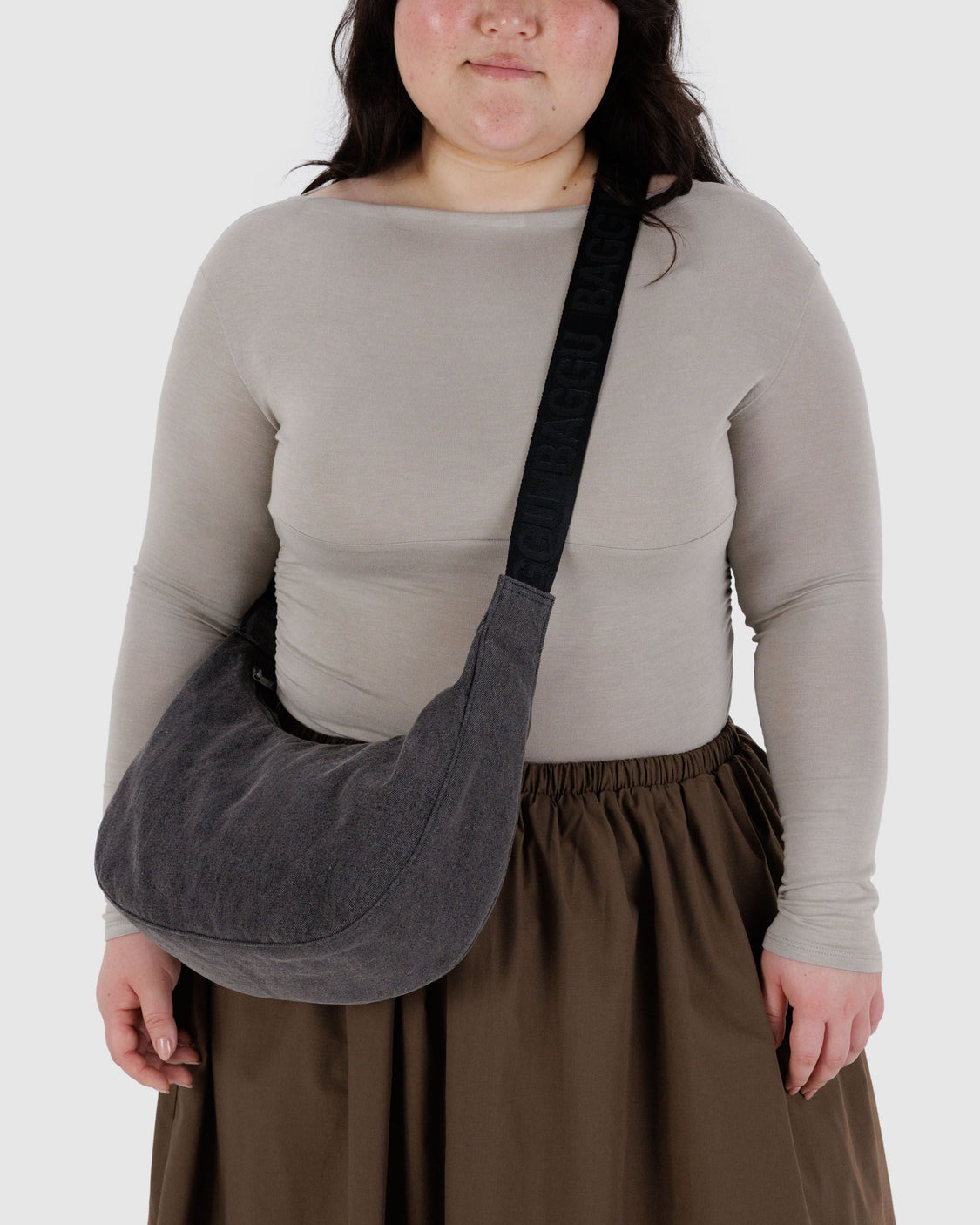 Medium Denim Crescent Bag - Washed Black Denim - Bright Weekend Style